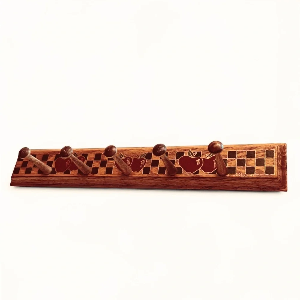Vintage Wooden Wall Coat Rack Hand Painted Apple Checker Farmhouse Cottagecore